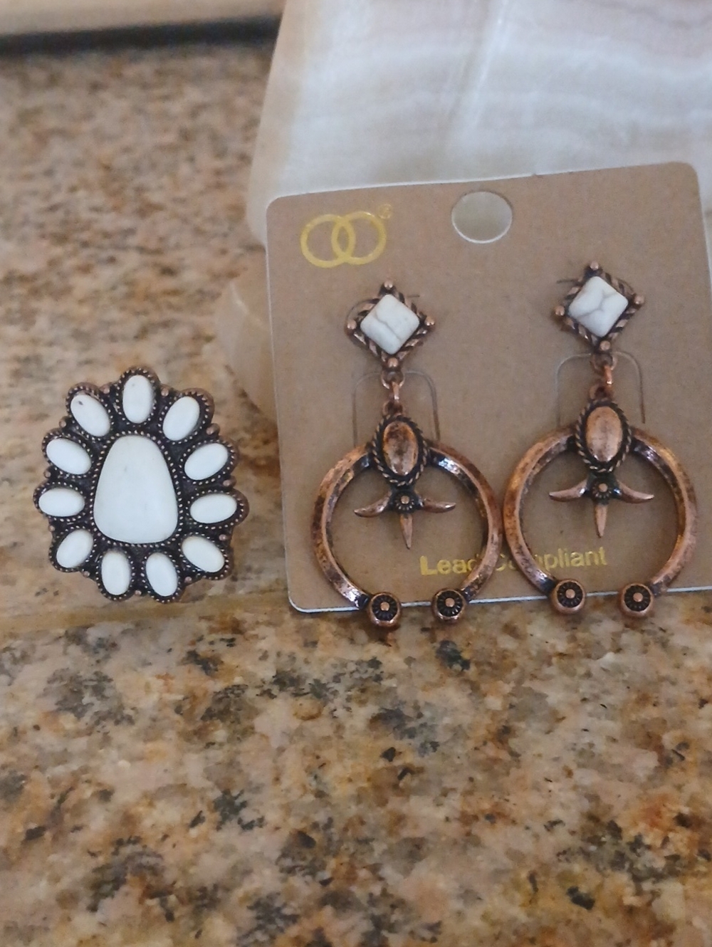 White Stone Floral Ring and Hoop Earrings Set